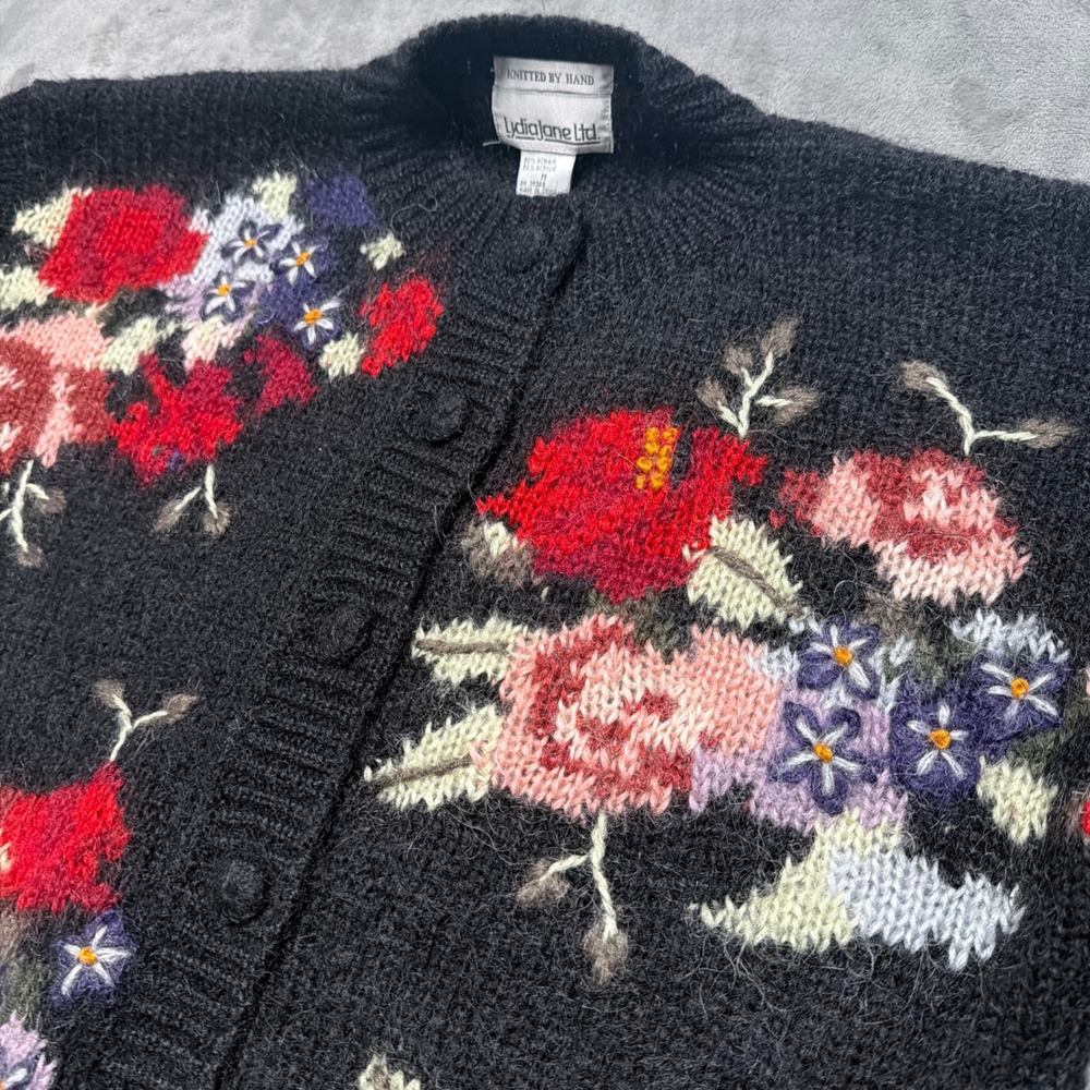 Vintage 90s Y2k Mohair Cardigan Womens Medium Black Hand Knit Cottagcore Floral - Picture 2 of 8